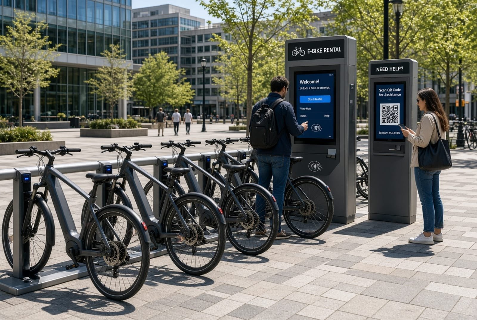 Riders unlocking e-bikes at a self-service rental kiosk
